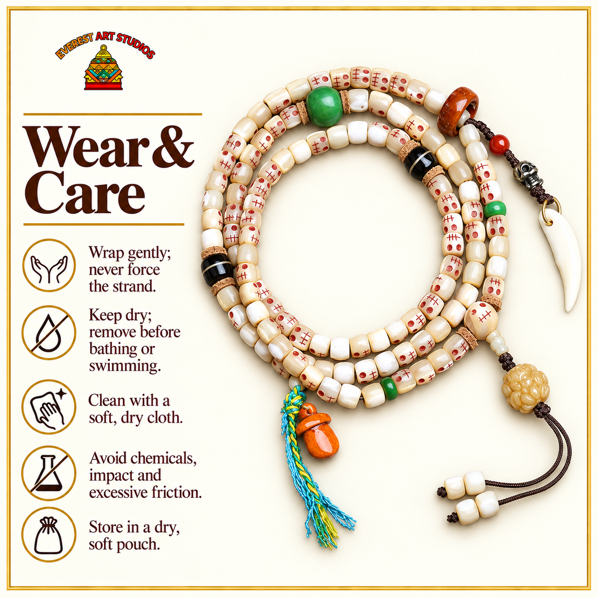 EverestArtstudios Carved Fish Bone 108-Bead Mala with Colorful Accents and Curved Pendant — care