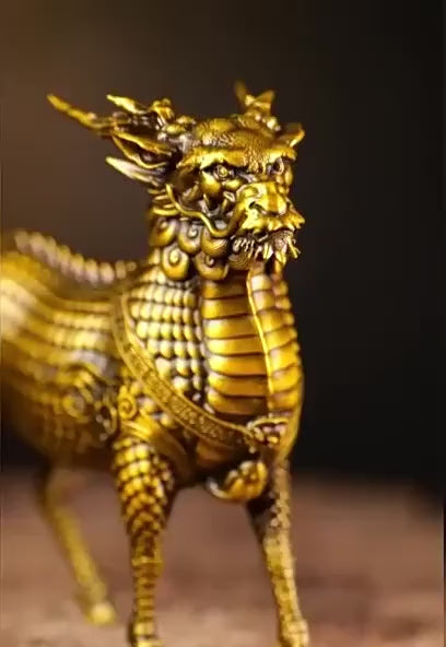 Brass Kylin Statue, Handcrafted Chinese Qilin Sculpture, Feng Shui Mythical Beast Figurine, Office Desk Decor Housewarming Business Gift