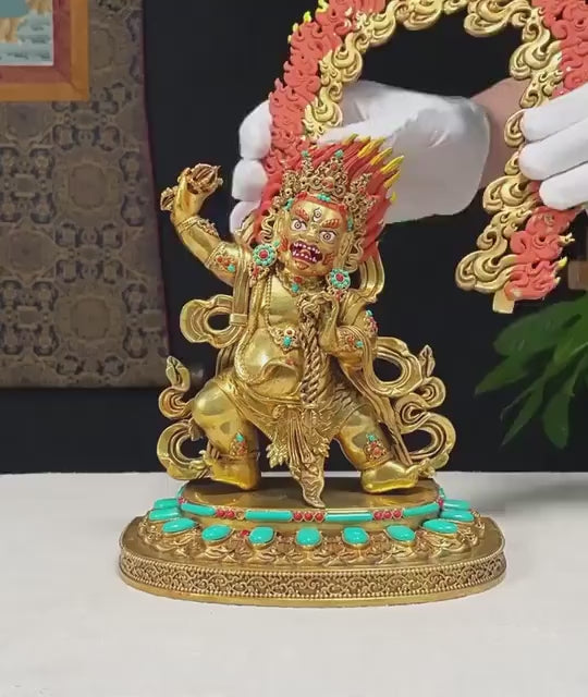 Load video: Gilt Brass Vajrapani Statue Wrathful Tibetan Buddhist Deity Mahabala Home Altar Decor Turquoise Inlaid Protection Guardian Bodhisattva