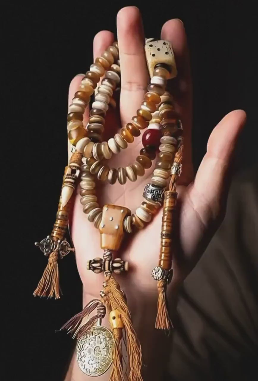 載入影片：EverestArtStudios Tibetan-Style Twisted Goat Horn Mala Bracelet | 108 Beads | Original Design | Handmade Buddhist Prayer Beads