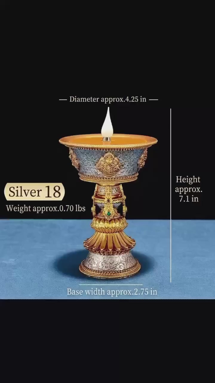 載入影片：LED Ghee Lamp Holder 8 Auspicious Symbols, Rechargeable Plug-in Buddhist Altar Supplies, Electronic Candle Holder for Buddha