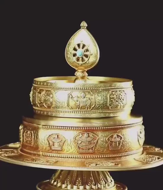加载视频：Handmade Brass Mandala Offering Set: Tibetan Auspicious Symbols, Gemstones