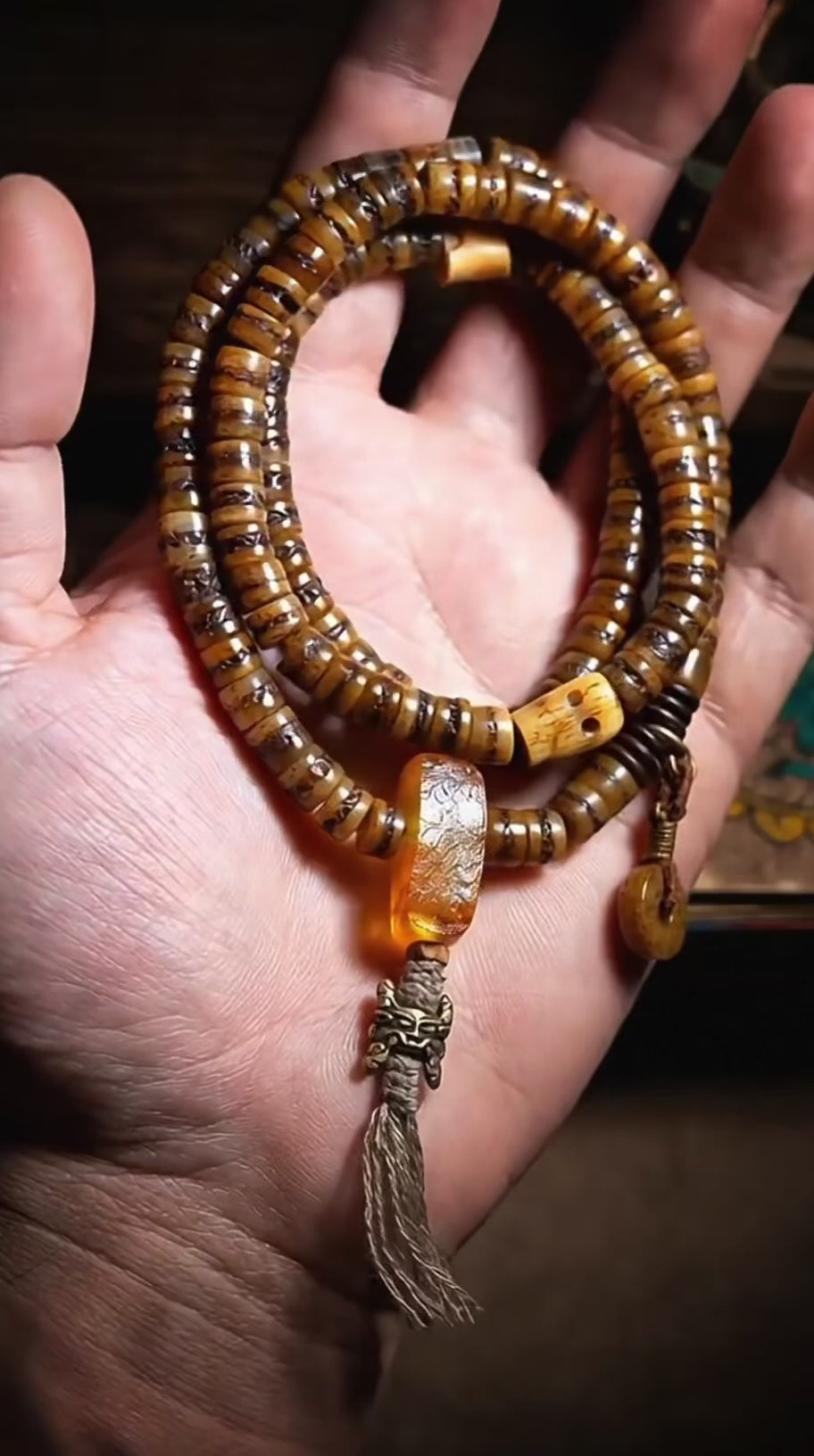 Load video: EverestArtstudios blessed Everest Tibetan Style 108 Bead Mala Necklace, Deer Antler &amp; Coconut Shell Prayer Beads, Meditation Mala, Himalayan Inspired Spiritual Jewelry