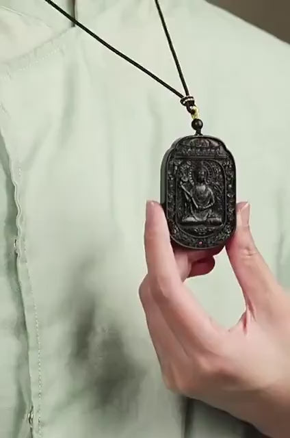 Ebony Wood Bodhisattva Pendant Necklace, Carved Ebony Amulet, Red Agate Chinese Zodiac Guardian Pendant, Spiritual Gift