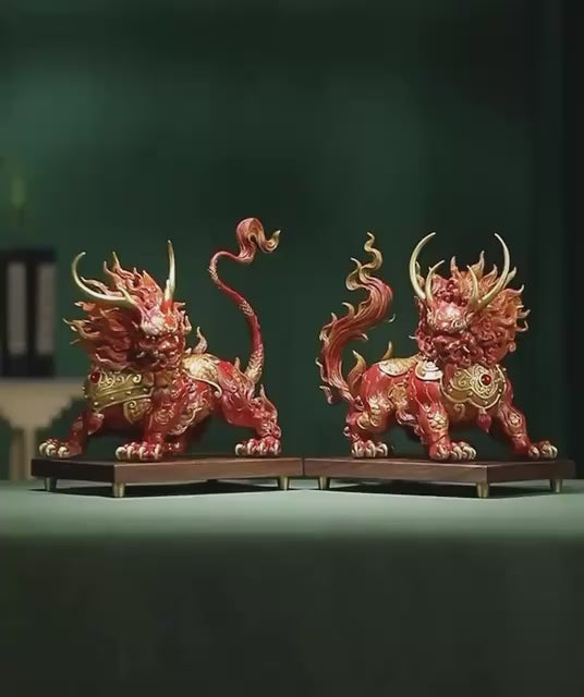 Load video: Handcrafted Brass Qilin Statues Pair - Mythical Kirin Sculpture for Home Office Decor, Housewarming &amp; Grand Opening Gift, Feng Shui Art