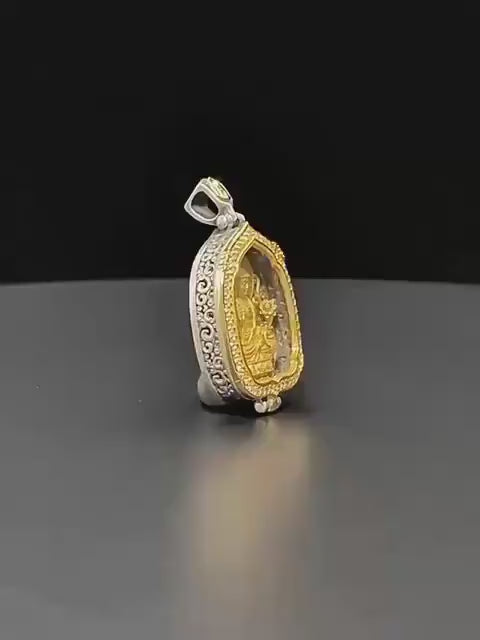 Load video: Gold Plated 925 Sterling Silver Lotus Leaf Gau Box Pendant, Vintage Handcrafted Prayer Box Necklace with White CZ Diamond, Mindful Keepsake