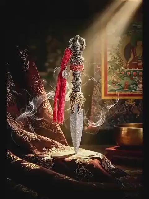 Load video: Handcrafted Damascus Steel Tea Knife Brass Mahakala Phurba Tea Pick, Puerh Tea Needle Tool Asian Tea Ceremony Accessories Gift for Him