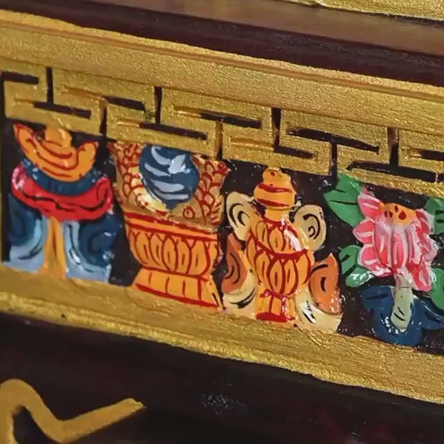 載入影片：Nepalese Handpainted Wooden Tibetan Incense Burner Box, Eight Auspicious Symbols Incense Holder, Vintage Sacred Buddhist Home Decor Gift