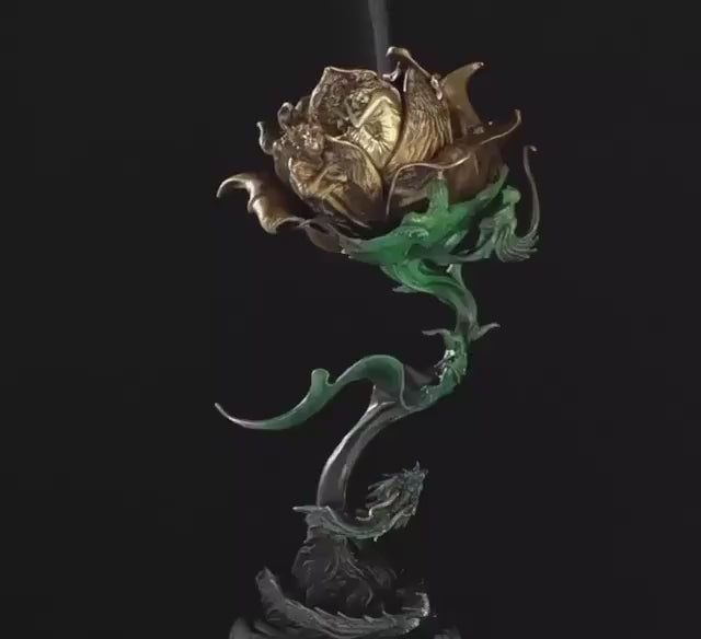 載入影片：Antique Bronze &amp; 925 Sterling Silver Rose Incense Burner, Luxury Rose Sculpture Home Decor, Aesthetic Incense Cone Holder, Gift for Her
