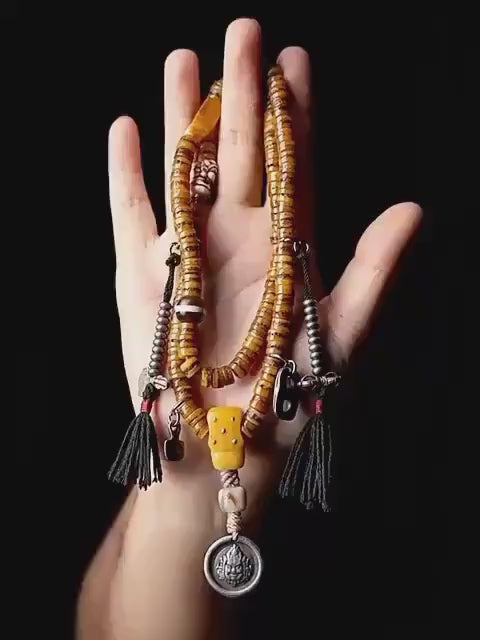 Load video: Original Tibetan Yak Bone Prayer Beads, Old Material 108 Mala Beads, Handmade Distressed Buddha Bracelet, Meditation Rosary, Ethnic Jewelry