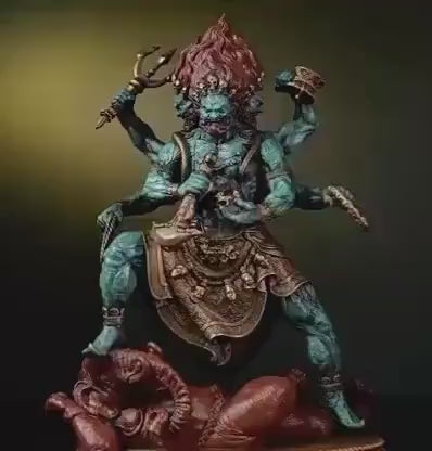 Brass Six Armed Mahakala Statue 25cm, Handcrafted Tibetan Buddhist Three Headed Wrathful Deity, Vajrayana Altar Decor Gift