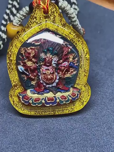 Load video: Hand-Painted Hayagriva Tsa Tsa Pendant, Mineral Pigment Tibetan Buddhist Amulet, Thangka Style Medicine Buddha Jewelry, Spiritual Protection
