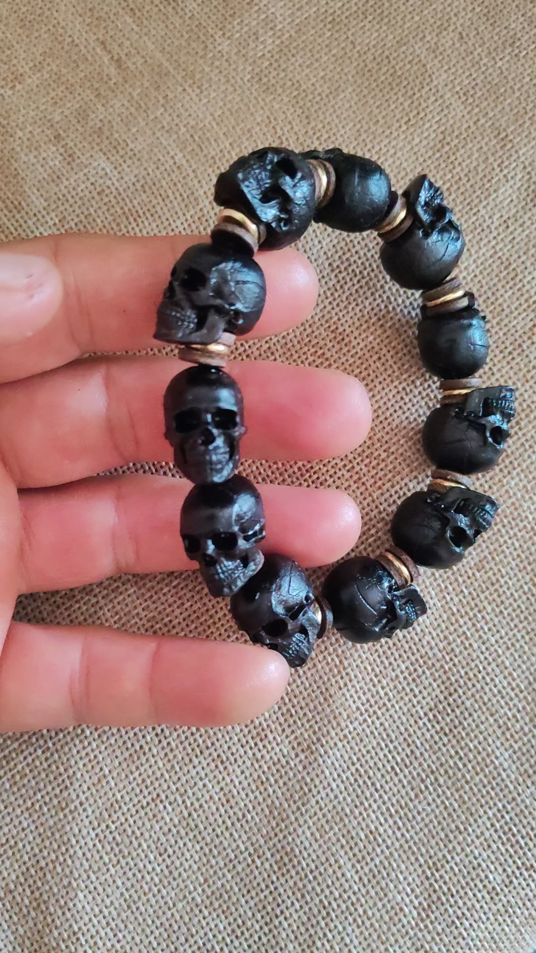 Load video: Handcrafted Tibetan Skull Mala Bracelet BlackSandalwood Amulet Beads