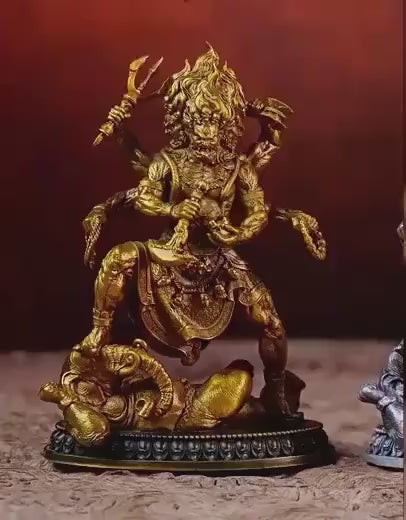 Load video: Brass Six Armed Mahakala Statue 10cm, Mini Tibetan Buddhist Three Headed Wrathful Deity, Portable Vajrayana Shrine Decor Gift