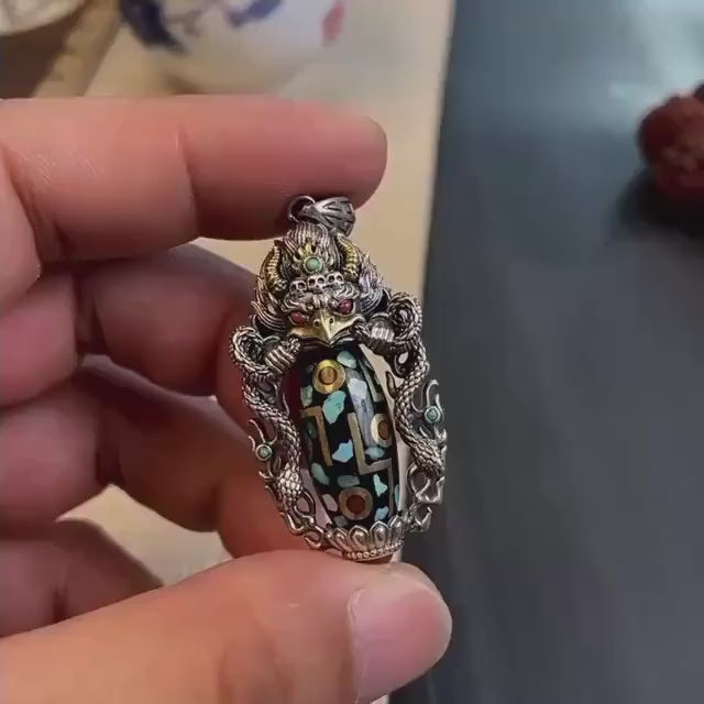 Handcrafted 925 Sterling Silver Garuda Eagle Pendant, Vintage Brass Inlay Dzi Bead Spinning Necklace Charm, Ethnic Jewelry Gift