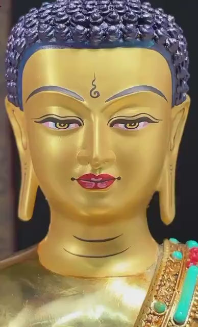 Full Gold-Plated Shakyamuni Buddha Statue with Tibetan Bead Inlays | Handmade Copper Buddhist Statue