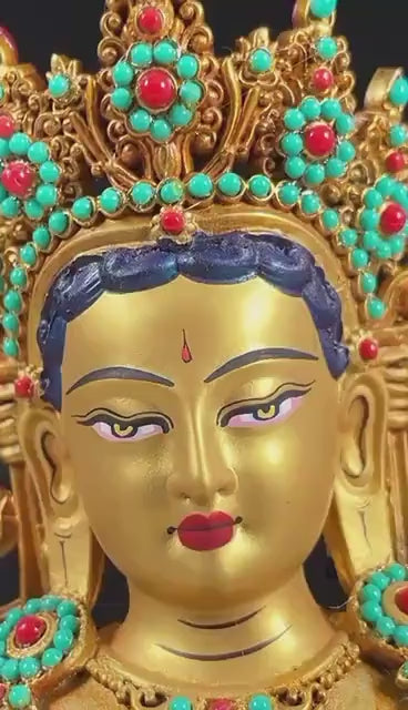 Load video: Full Gilded Green Tara Statue | Copper Buddhist Deity with Gem Inlay
