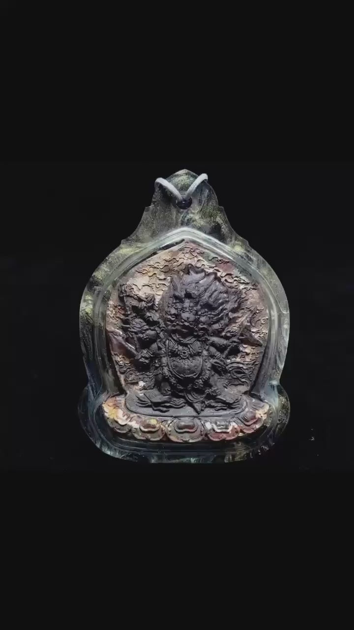 Load video: Hayagriva Thangka Pendant, Multi Color Splice Medicine Clay Tsa Tsa Necklace, Tibetan Buddhist Amulet Gau Box, Wrathful Deity Talisman