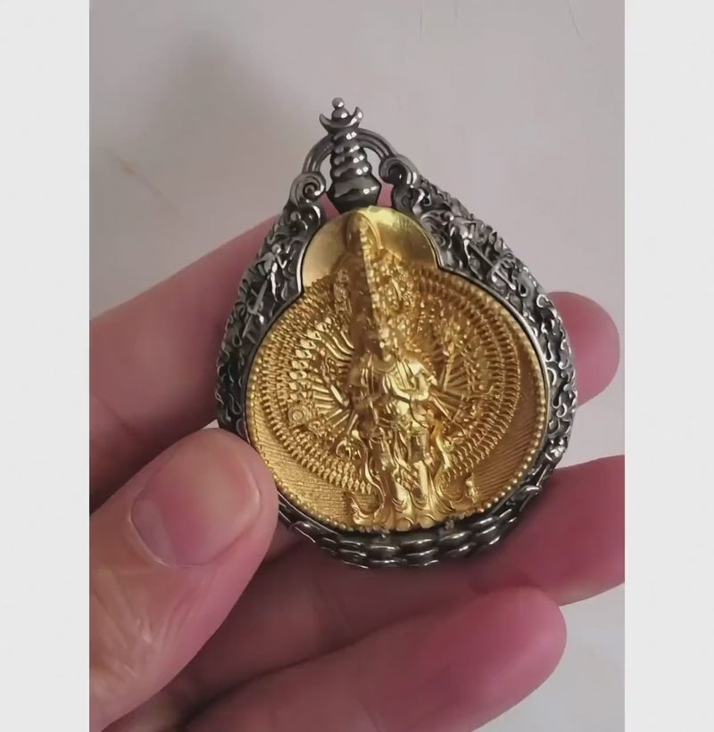 Thousand Armed Avalokiteshvara Pendant Necklace, Chenrezig Amulet, Om Mani Padme Hum Tibetan Buddhist Protection Jewelry