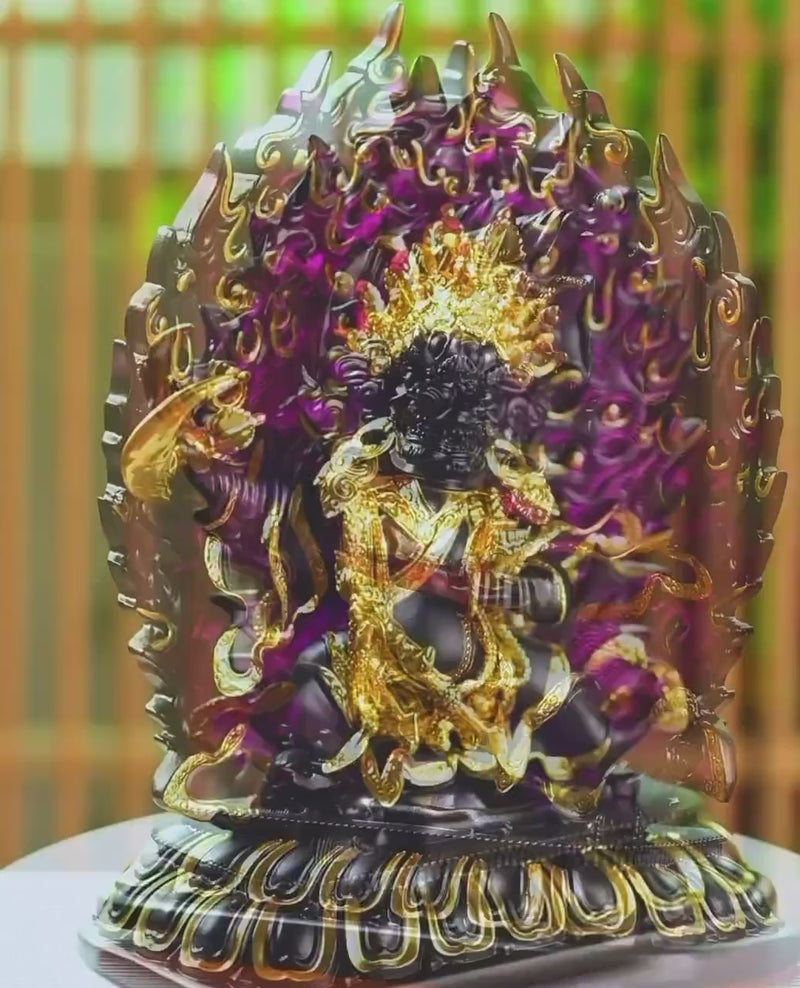 Ancient Glass Two-Armed Mahakala Dharma Protector, Traditional Liuli Art, Home Altar Sacred Décor