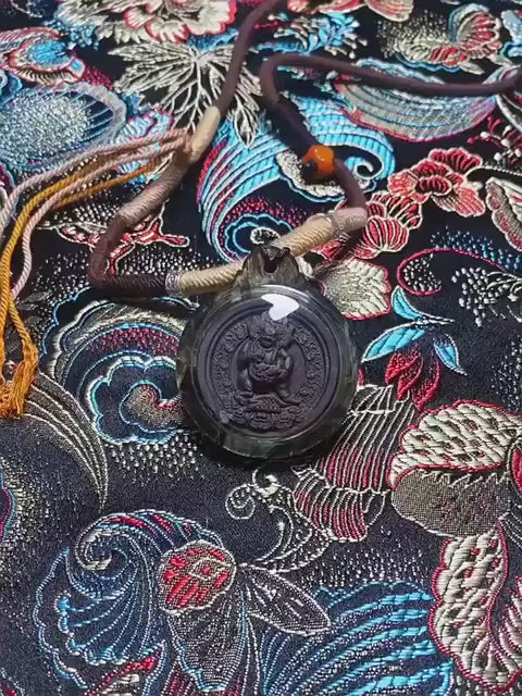Black Jambhala Medicine Tsa Tsa Amulet Pendant, Tibetan Buddhist Gawu Box Necklace, Tantric Protection Jewelry for Wealth & Healing, Zen Gif