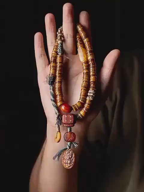 Load video: Tibetan Yak Bone Mala 108 Prayer Beads Antique Buddhist Rosary Vintage Yak Bone Bracelet Meditation Mala Healing Spirit Beads Boho