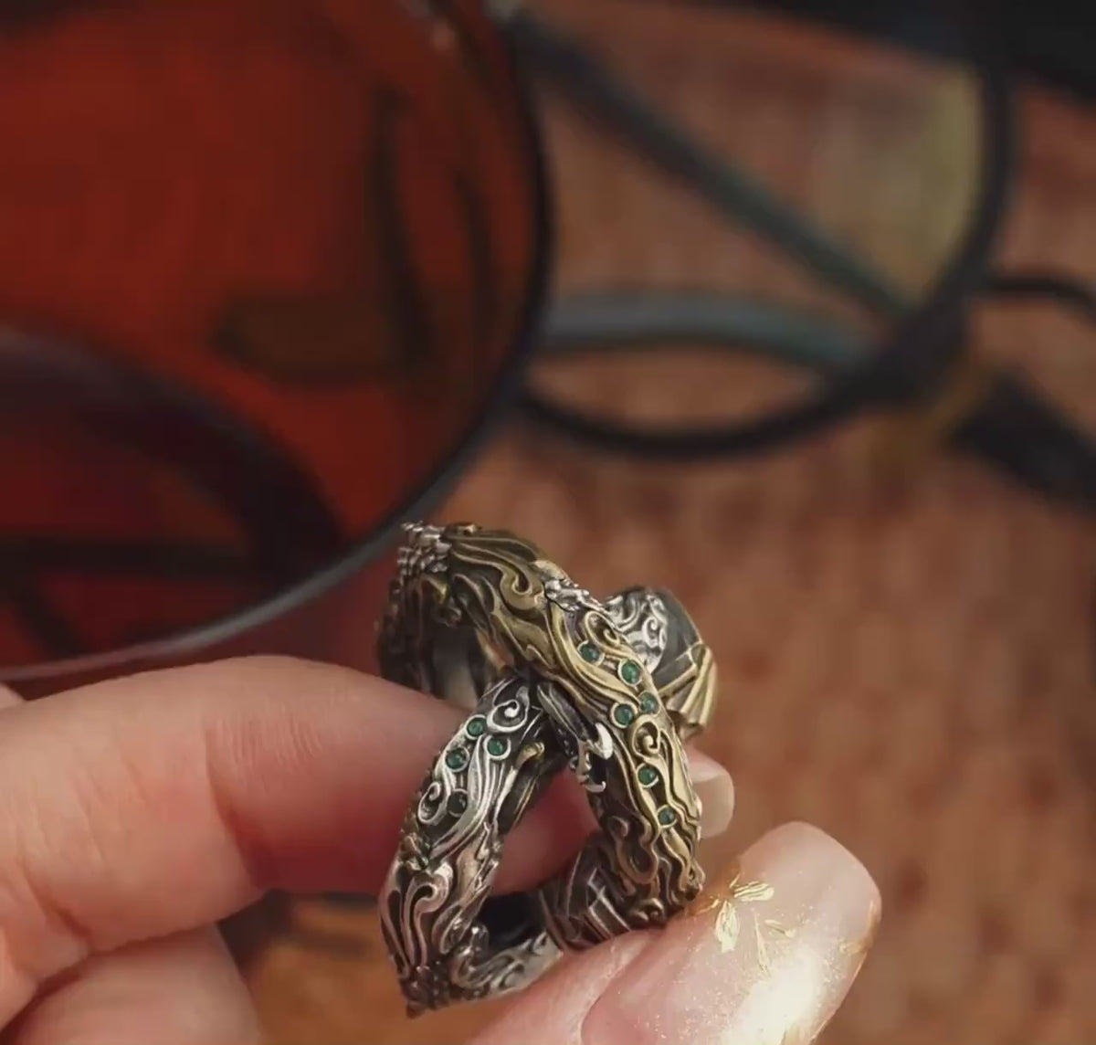 Load video: Handmade Daoist Heaven-Earth Circle Pendant, Silver &amp; Brass Amulet Necklace with Red Zircon, Green Chalcedony
