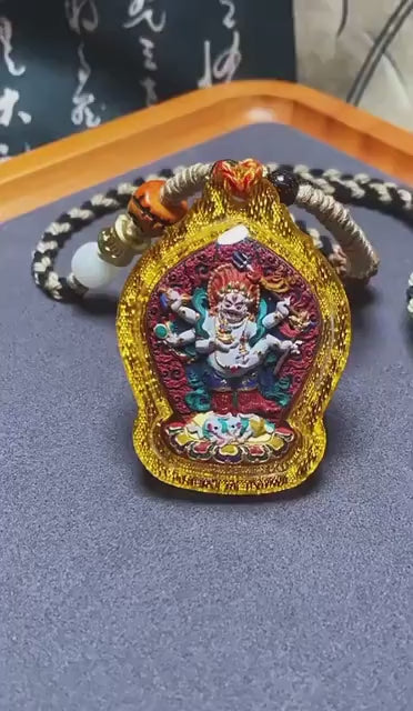 Handpainted White Mahakala Tsa Tsa, Six-Armed Avalokiteshvara Amulet, Tibetan Medicine Clay Pendant, Buddhist Wealth Protector Jewelry