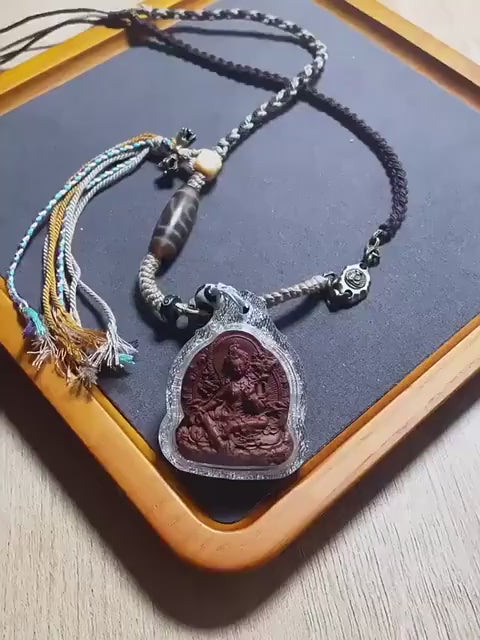 Load video: Handmade Green Tara Tsa Tsa Pendant, Tibetan Gau Box Necklace, Buddhist Amulet, Himalayan Sacred Art, Spiritual Jewelry, Meditation Gift
