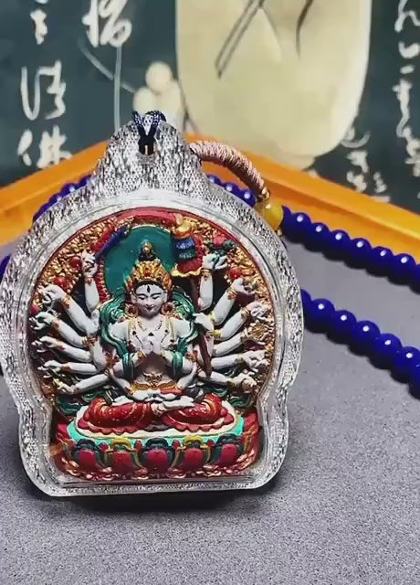 Hand-Painted Cundi Bodhisattva Tsatsa Pendant, Mineral Painted Tibetan Amulet, Eighteen-Armed Mother of Buddhas Gau Box Necklace
