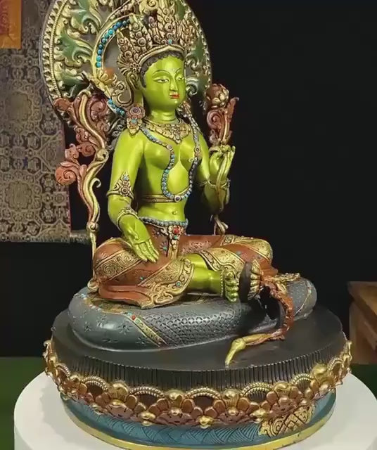 載入影片：Handpainted Green Tara Copper Statue 17.3", Nepalese Brass Goddess Figurine, Tibetan Buddhist Altar Statue, Home Decor Gift