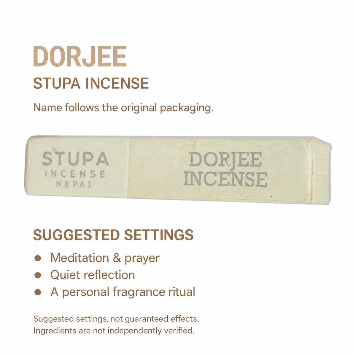 STUPA Dorjee incense — original packaging name; meditation, prayer and quiet reflection settings